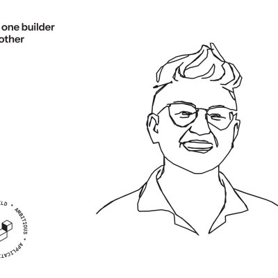 A single-line drawing of Andy by the Laravel booth's drawing robot, captioned “From one builder to another.”